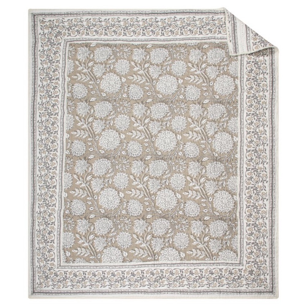 Levtex Adare Neutral Floral Cotton Quilt - Taupe and White